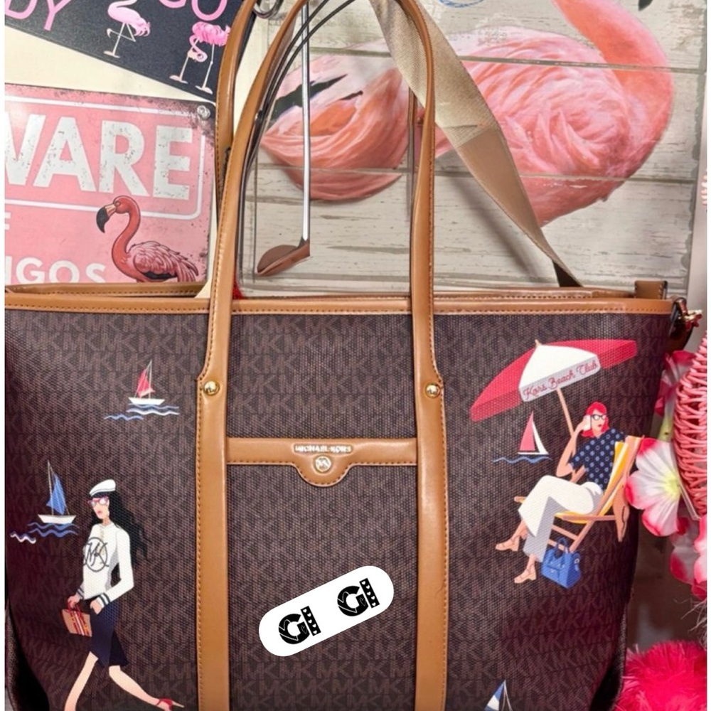 Michael Kors Brown Tote with Nautical Print